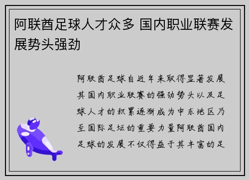 阿联酋足球人才众多 国内职业联赛发展势头强劲