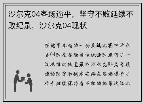 沙尔克04客场逼平，坚守不败延续不败纪录，沙尔克04现状