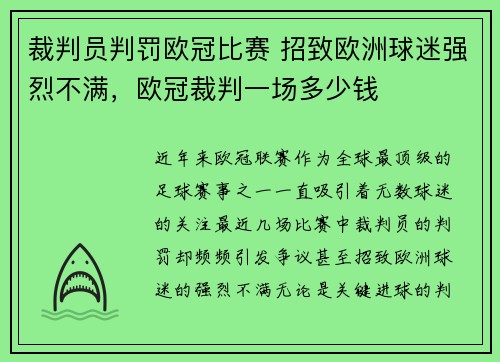 裁判员判罚欧冠比赛 招致欧洲球迷强烈不满，欧冠裁判一场多少钱